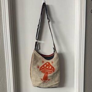Boho Mushroom Print Crossbody Bag in Beige and Orange NEW